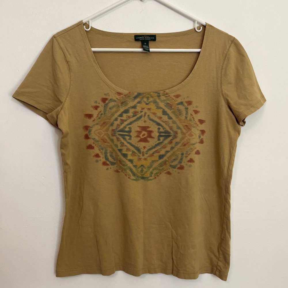 Lauren‎ Jeans Ralph Lauren Women's M Tee Shirt Aztec Tan Blue Red Cotton